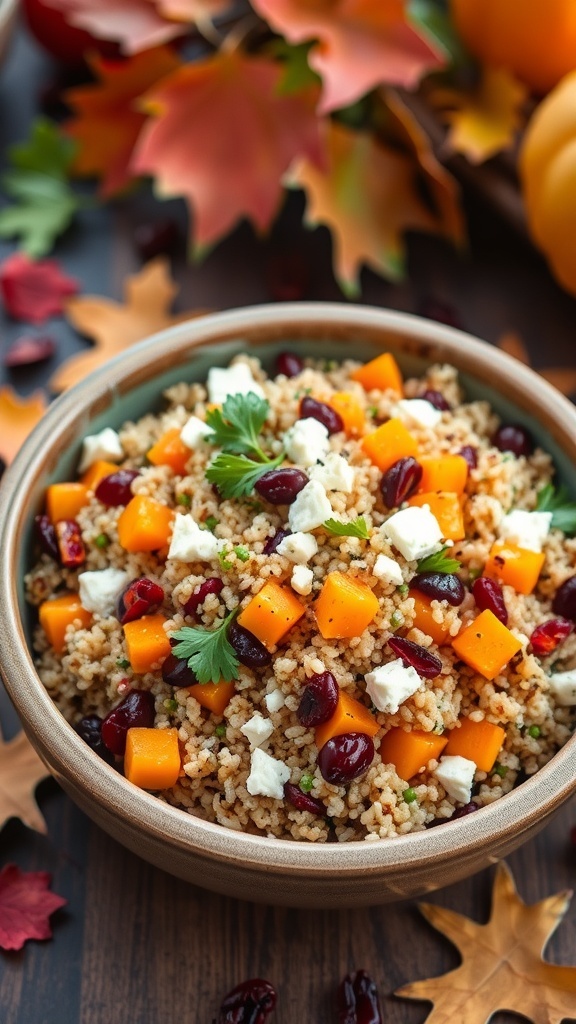 A colorful quinoa salad with butternut squash, bell peppers, cranberries, and feta cheese, garnished with parsley, on a rustic table.
